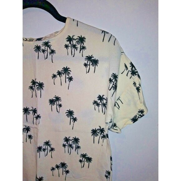 Womens H&M top Palm Trees print Sz L Ivory short sleeve boxy stretch beige black - Picture 4 of 7